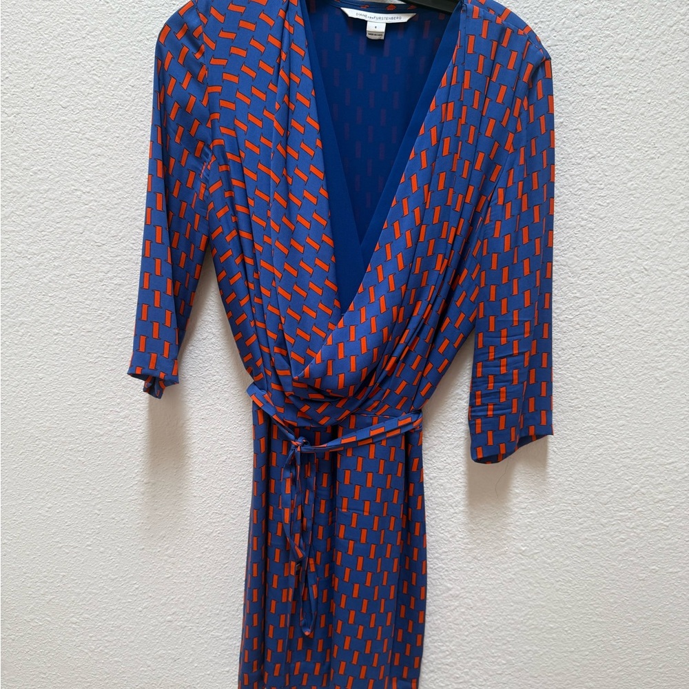 Diane Von Furstenberg Blue and Orange Sheath Wrap Dress